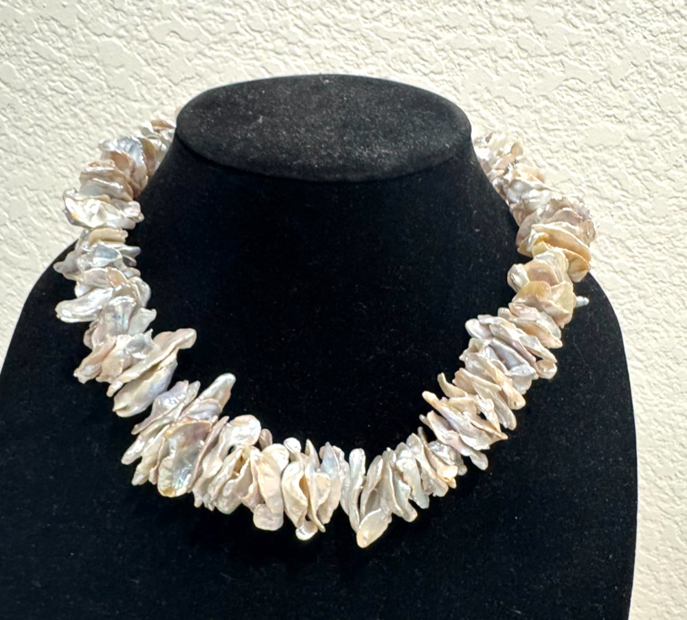 Mother Pearl Chunky Statement Shard Necklace Bridal Sterling Silver Hook Clasp